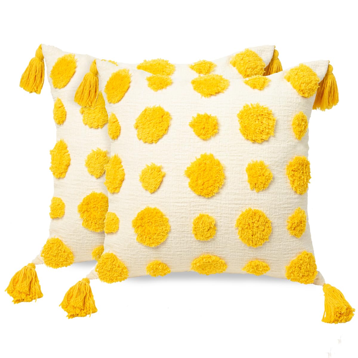 Plworld Set Of 2 Boho Yellow Square Throw Pillow Covers 18X18 Inch With Tassels, Pom Pom Tufted Cream Chenille Fabric Accent Tex