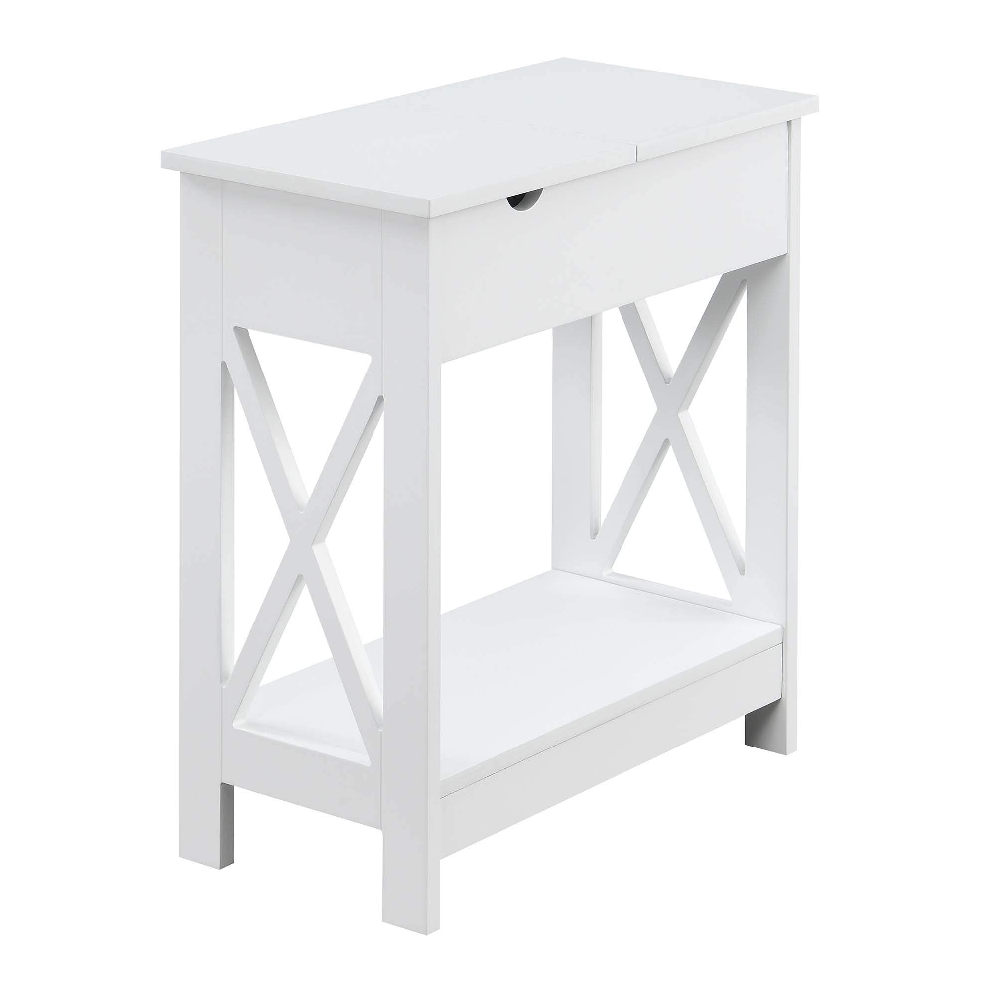 Convenience Concepts Oxford Flip Top End Table with Charging Station and Shelf, White