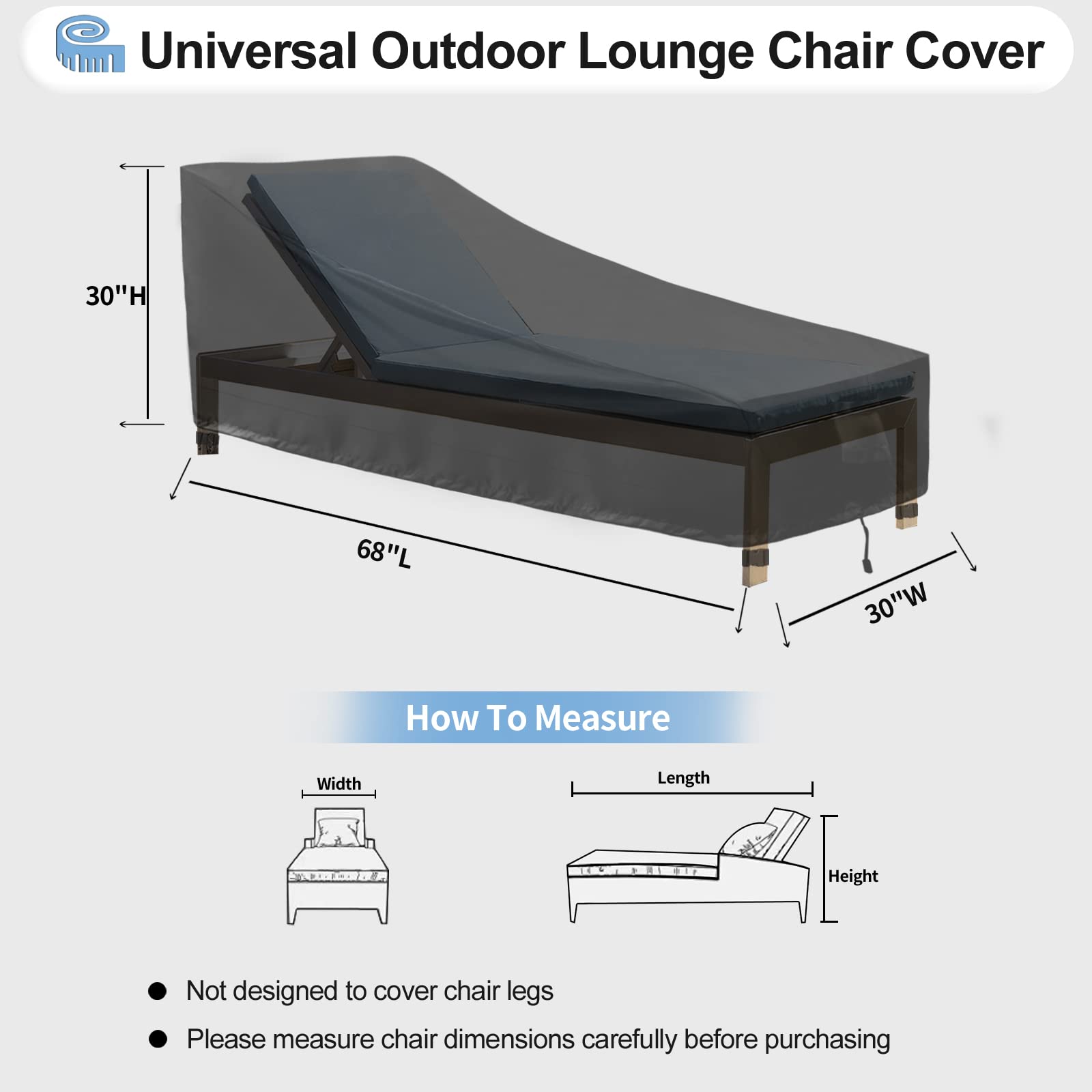 Outdoorlines Outdoor Waterproof Patio Chaise Lounge Chair Cover - Uv Resistant Lounger Covers Heavy Duty Weatherproof Patio Sofa Furniture Covers, 1 Pack, 68Wx30Dx30H Inches, Black
