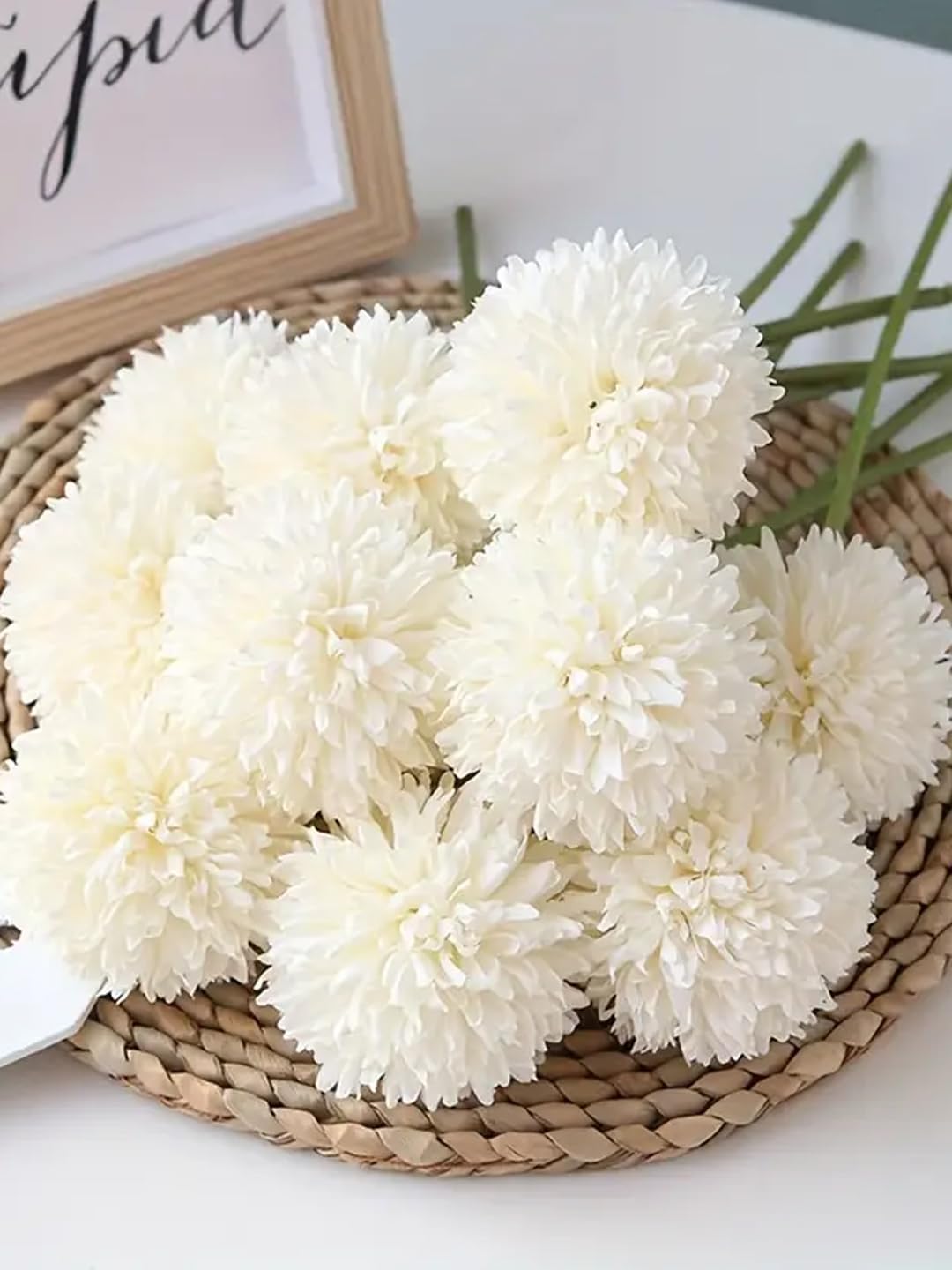 TIED RIBBONS Polyester Set Of 6 Artificial Chrysanthemum Ball Flowers Stick Bunch (White, 29 Cm) For Vase Pot Home Decor Living 