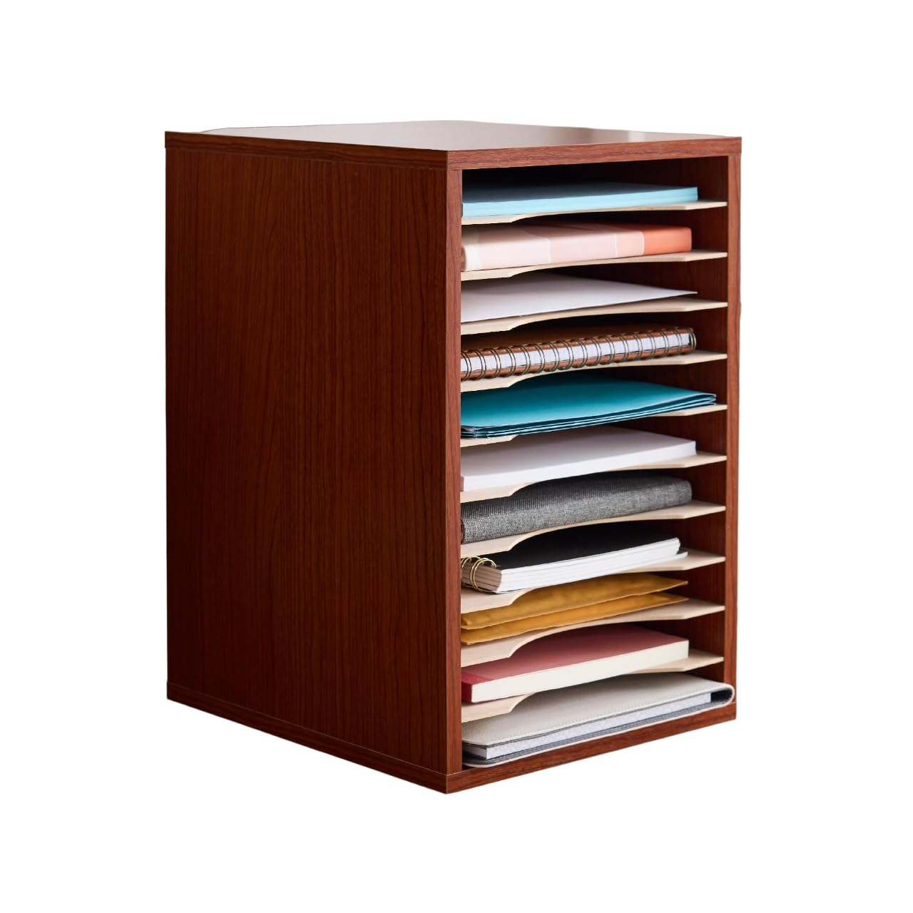 Safco Vertical Desktop Sorter, Wooden Paper Organizer for Home Office and Classroom, 11 Adjustable, Letter-Size Compartments, Ch