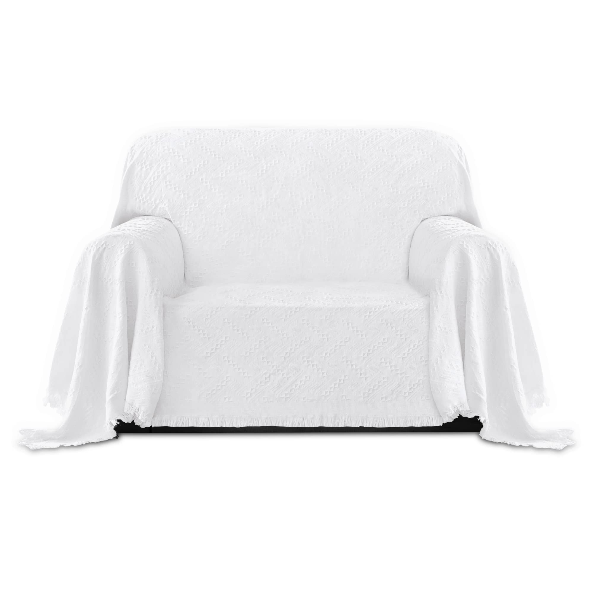 Purefit Geometric Jacquard Throw Sofa Cover - Textured Soft Washable Decorative Couch Covers For 3 Cushion Couch, Throw Cover With Tassels Furniture Protector For Pets, Kids (Small, White)