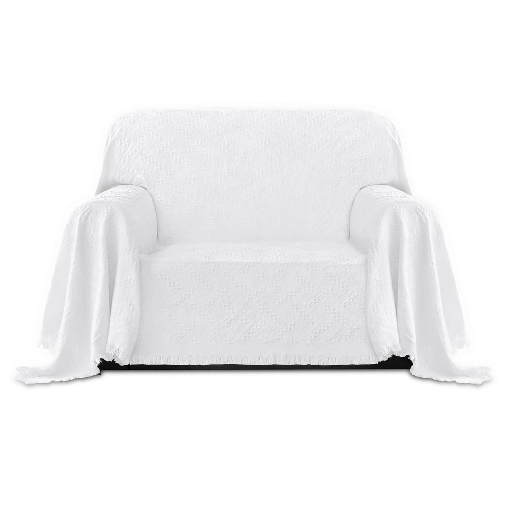 Purefit Geometric Jacquard Throw Sofa Cover - Textured Soft Washable Decorative Couch Covers For 3 Cushion Couch, Throw Cover With Tassels Furniture Protector For Pets, Kids (Small, White)