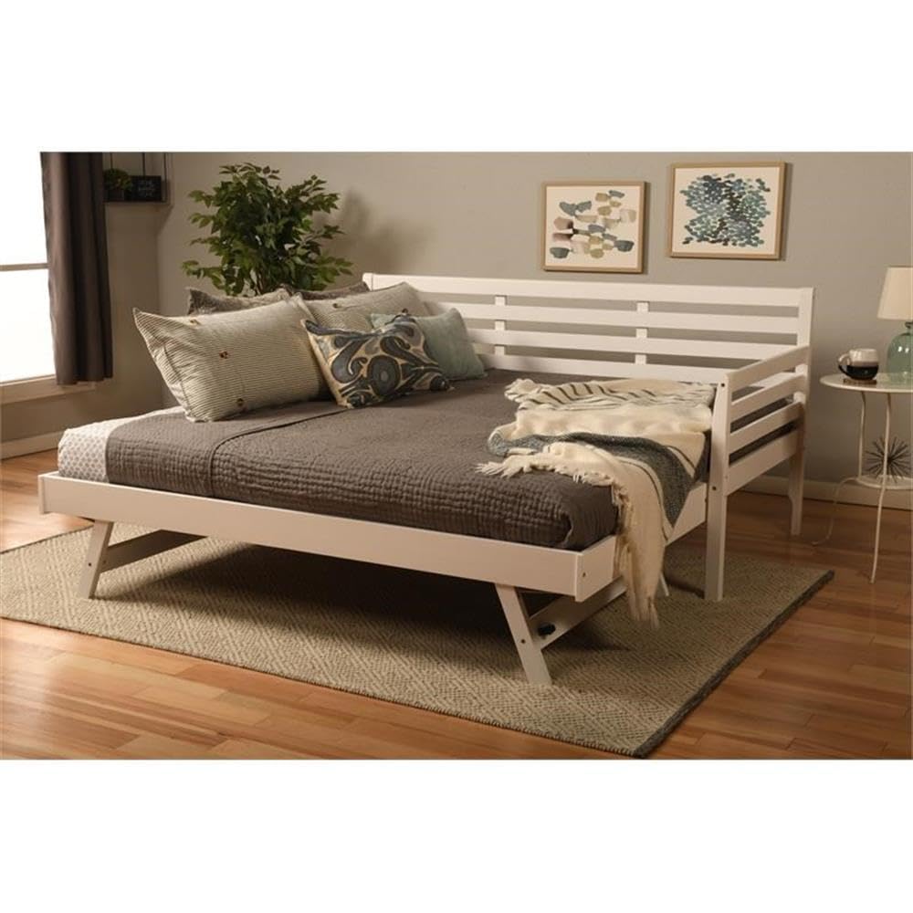 Kodiak Furniture Twin to King Size Daybed with Pop Up Trundle in Wood, in White, No Box Spring Needed, Easy Assembly
