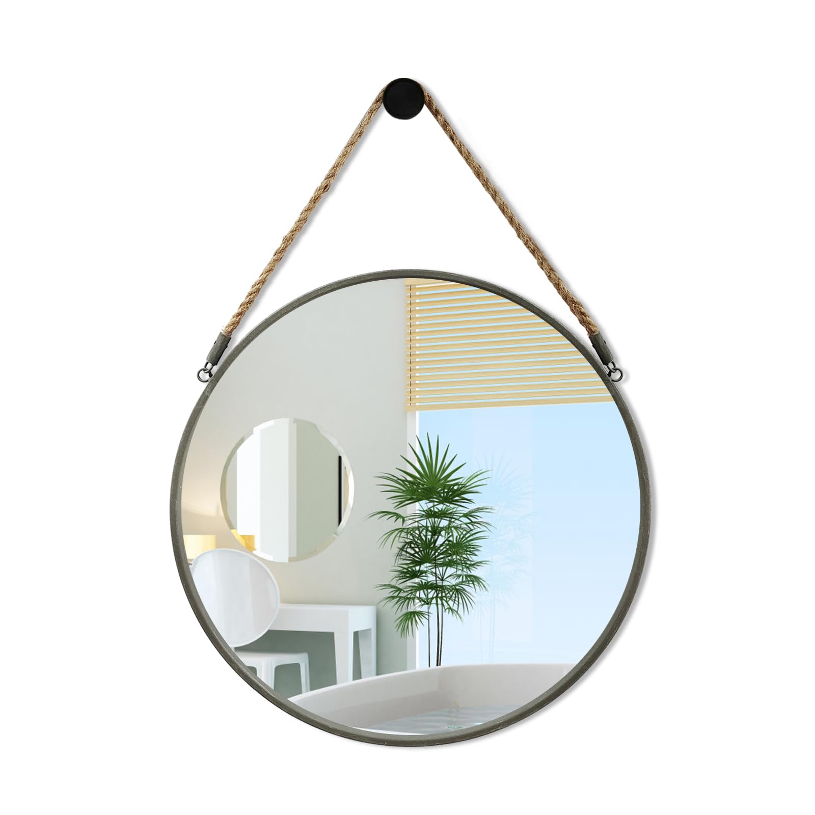 POZINO Round Mirror, Rope Hanging Mirror, 15 Inch Farmhouse Circle Wall Mirror for Bathroom Bedroom Living Room Entryway Home De
