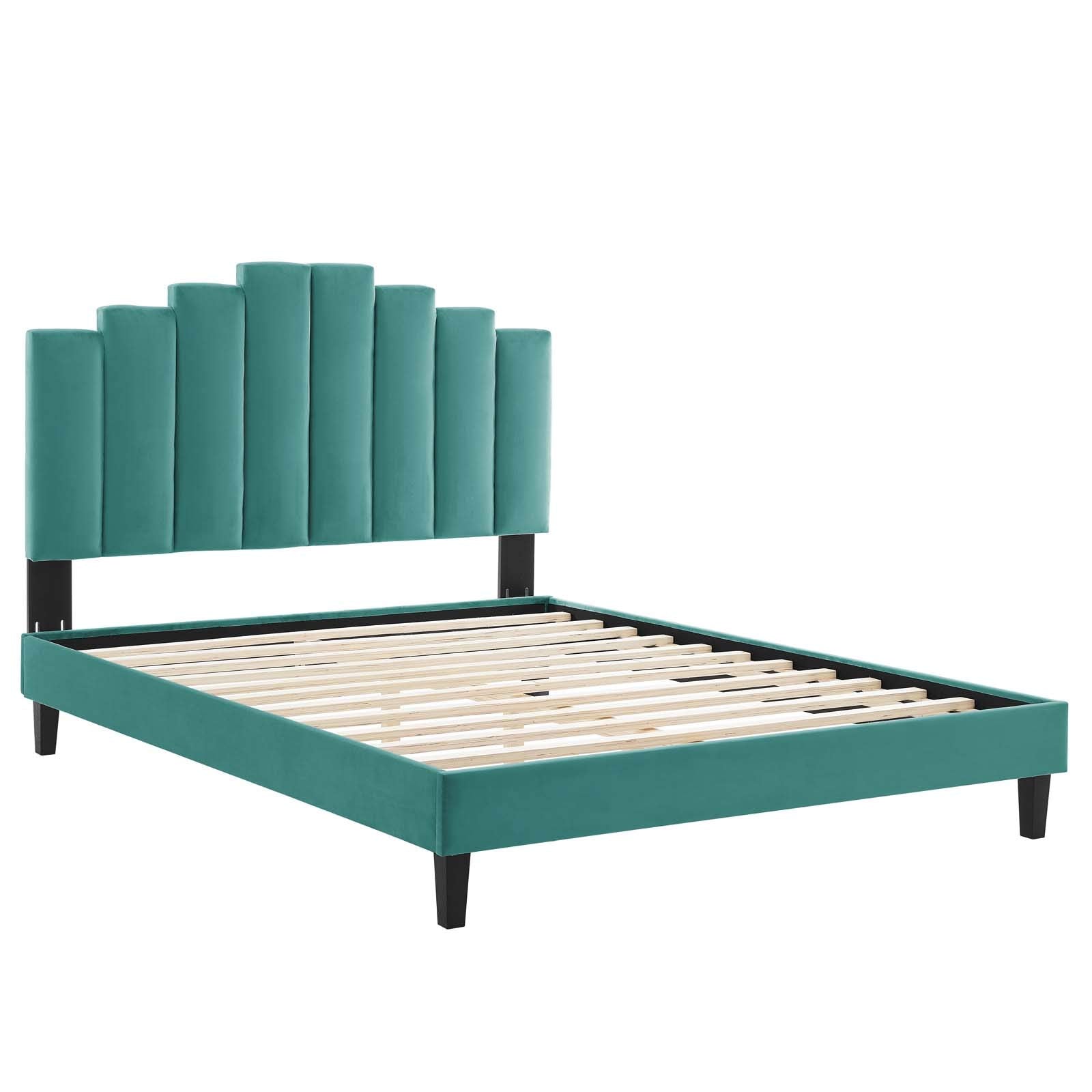Modway Elise Channel Tufted Performance Velvet Full Platform Bed In White With Black Wood Legs, King, Teal