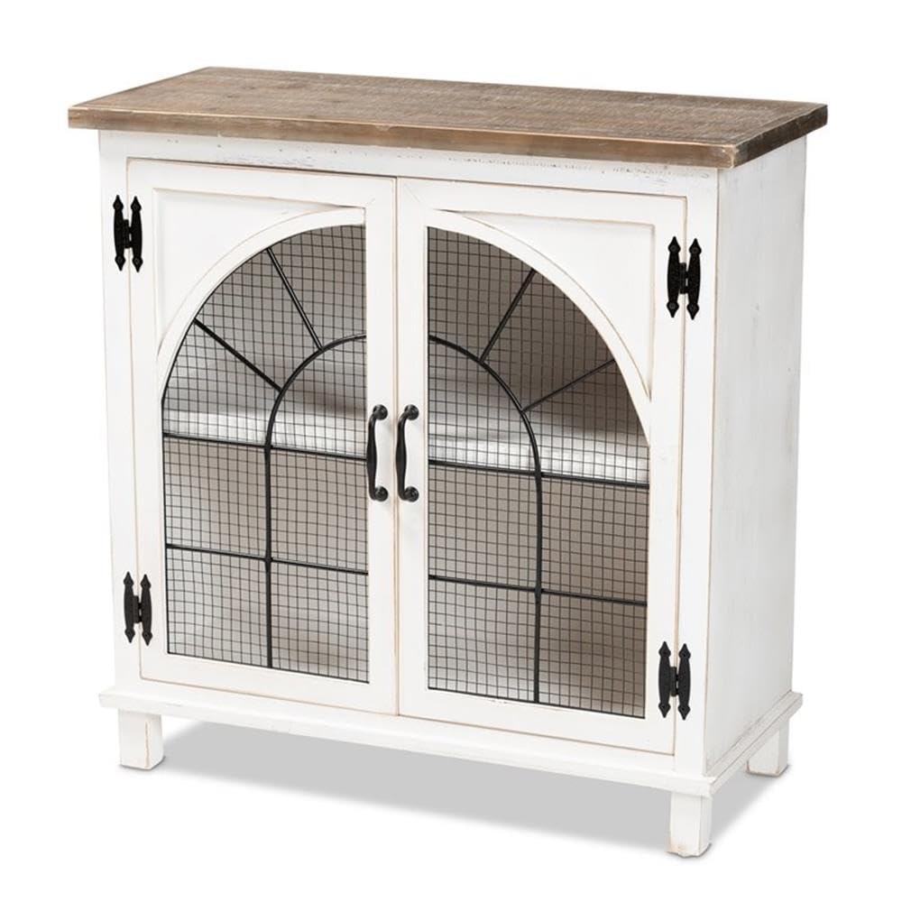 Baxton Studio Faron Classic and Traditional Farmhouse Two-Tone Distressed White and Oak Brown Finished Wood 2-Door Storage Cabinet