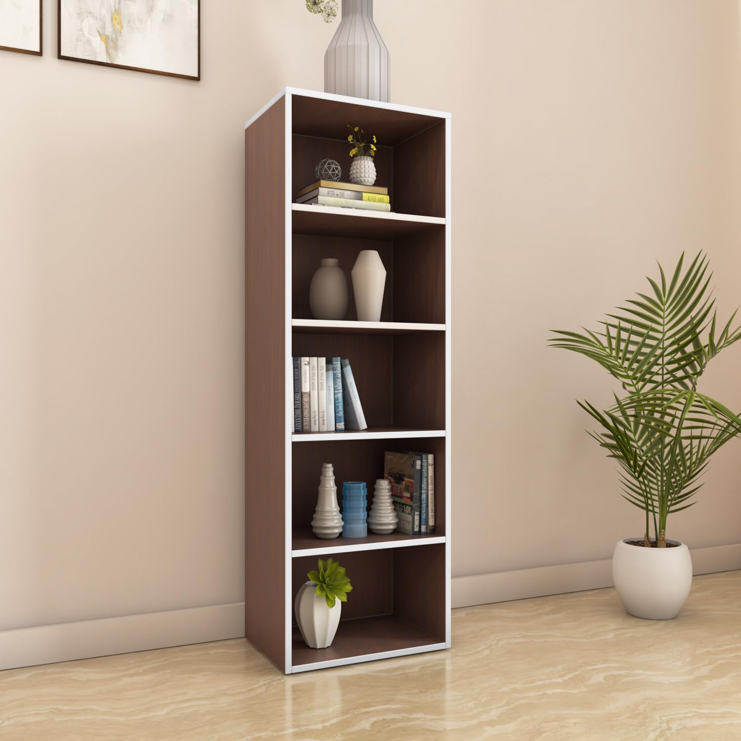 Nilkamal Halo 5 Tier Engineered Wood Free Standing Book Shelf Cabinet With Open Shelf | 1 Year Warranty | Legno Oak