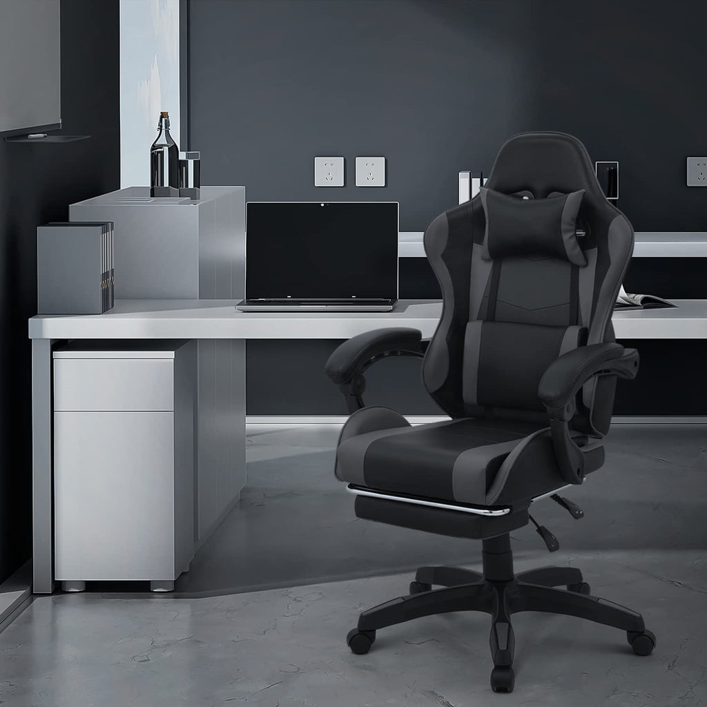 Monibloom Gaming Chair Office Chair Leather High Back Computer Chair With Headrest And Lumbar Support 360° Swivel Ergonomic Footrest Adjustable Gamer Chair For Adult Teen Home Office Using, Gray