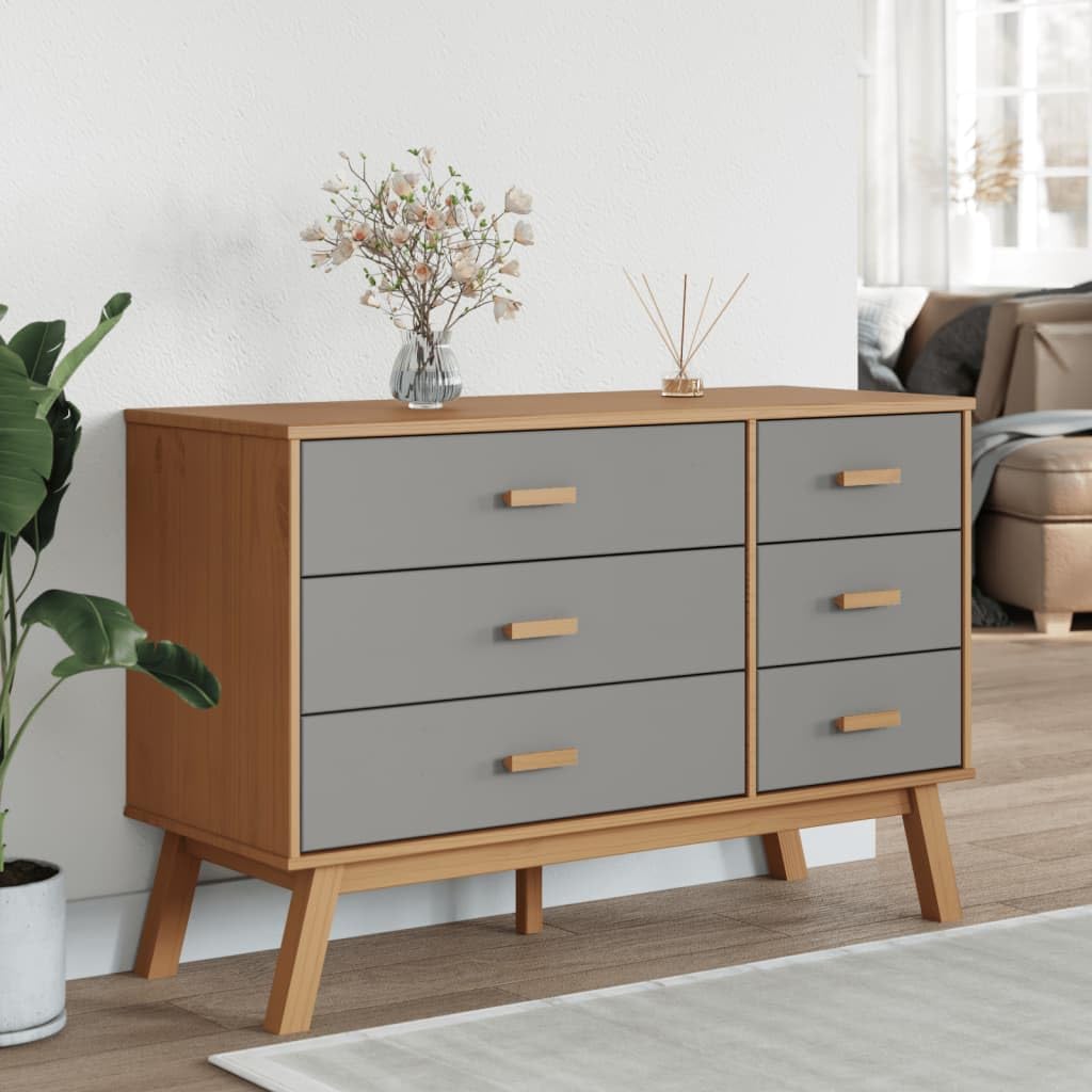 vidaXL Drawer Cabinet Storage Sideboard - Gray/Brown Solid Pine Wood - 28.9&quot; H x 43.7&quot; W x 16.5&quot; D - 6 Drawers - Scandi-Style - Hallway, Living Room, Bedroom