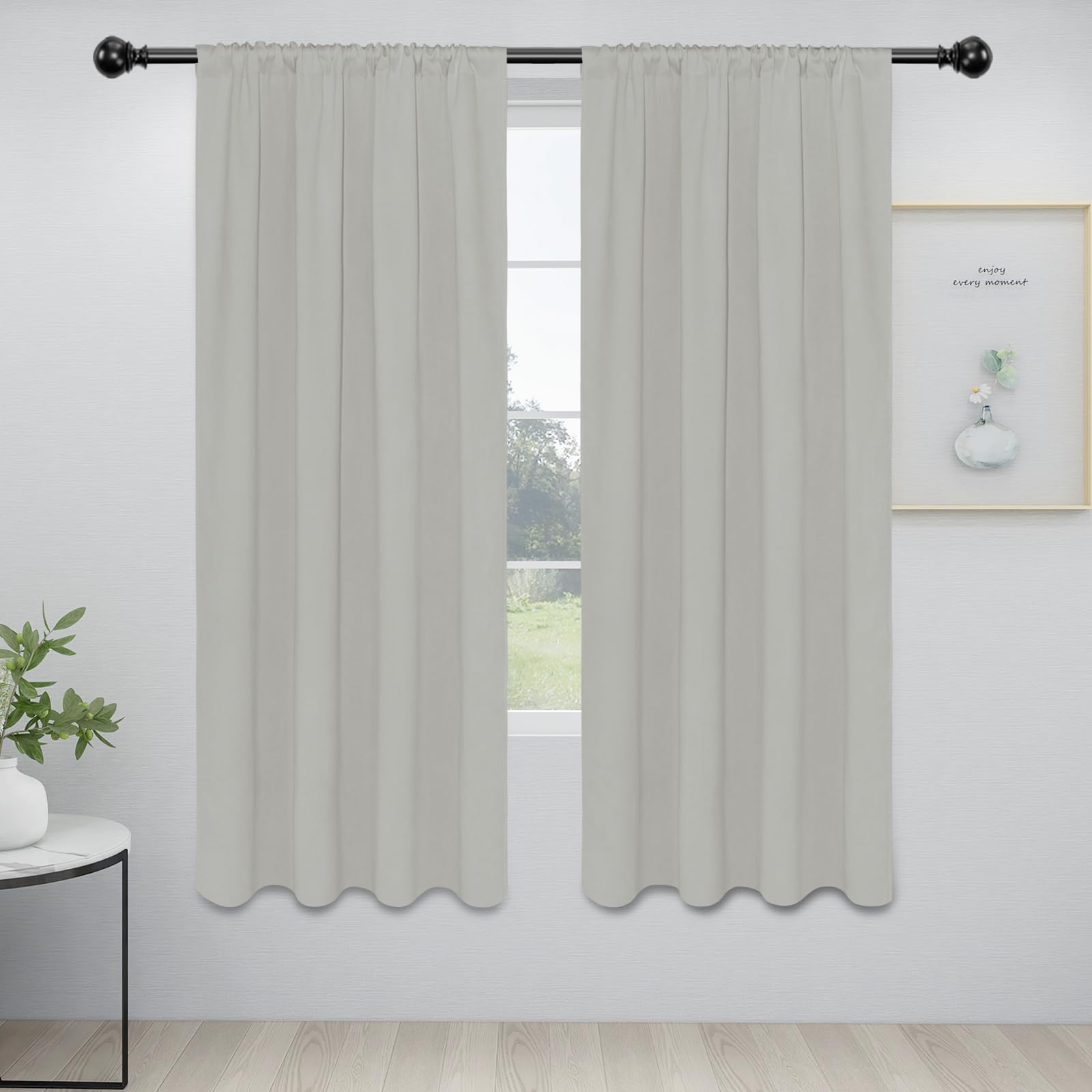 Easy-Going Rod Pocket Blackout Curtains For Bedroom, Room Darkening Window Curtains For Living Room, Thermal Insulated Noise Reduction Solid Window Drapes, 2 Panels(34X72 In, Greyish White)