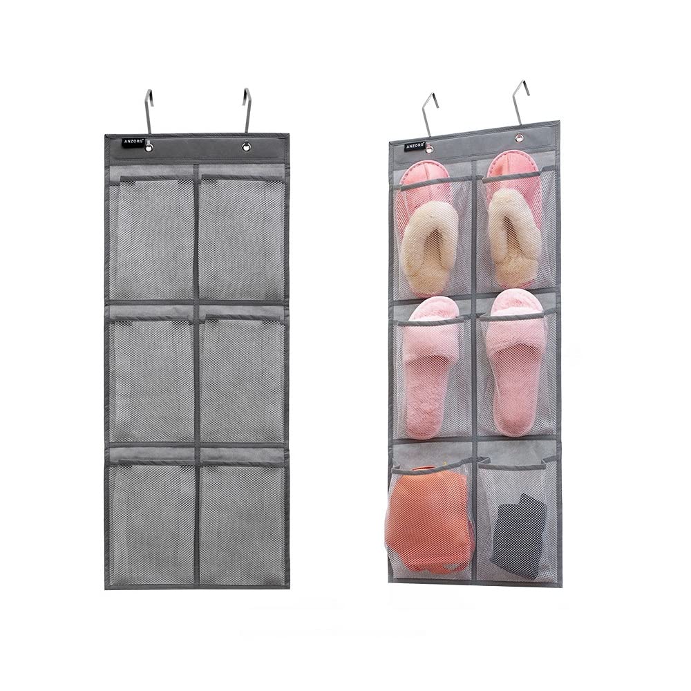 ANZORG 2 Packs Over The Door Hanging Closet Shoes Holder Organizer Shoe Storage Shoe Rack with 6 Pockets (Mesh Pockets)