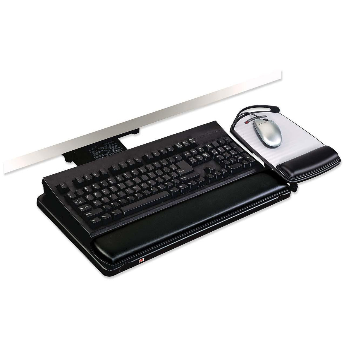 3M Keyboard Tray with Adjustable Keyboard and Mouse Platforms, Turn Knob to Adjust Height and Tilt, Swivels and Stores Under Desk, Gel Wrist Rest and Precise Mouse Pad, 17.75&quot; Track, Black (AKT80LE)