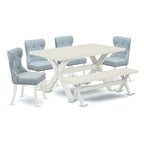 East West Furniture X026Si215-6 6 Piece Modern Dining Table Set Contains A Rectangle Wooden Table And 4 Baby Blue Linen Fabric Upholstered Chairs With A Bench, 36X60 Inch, Multi-Color
