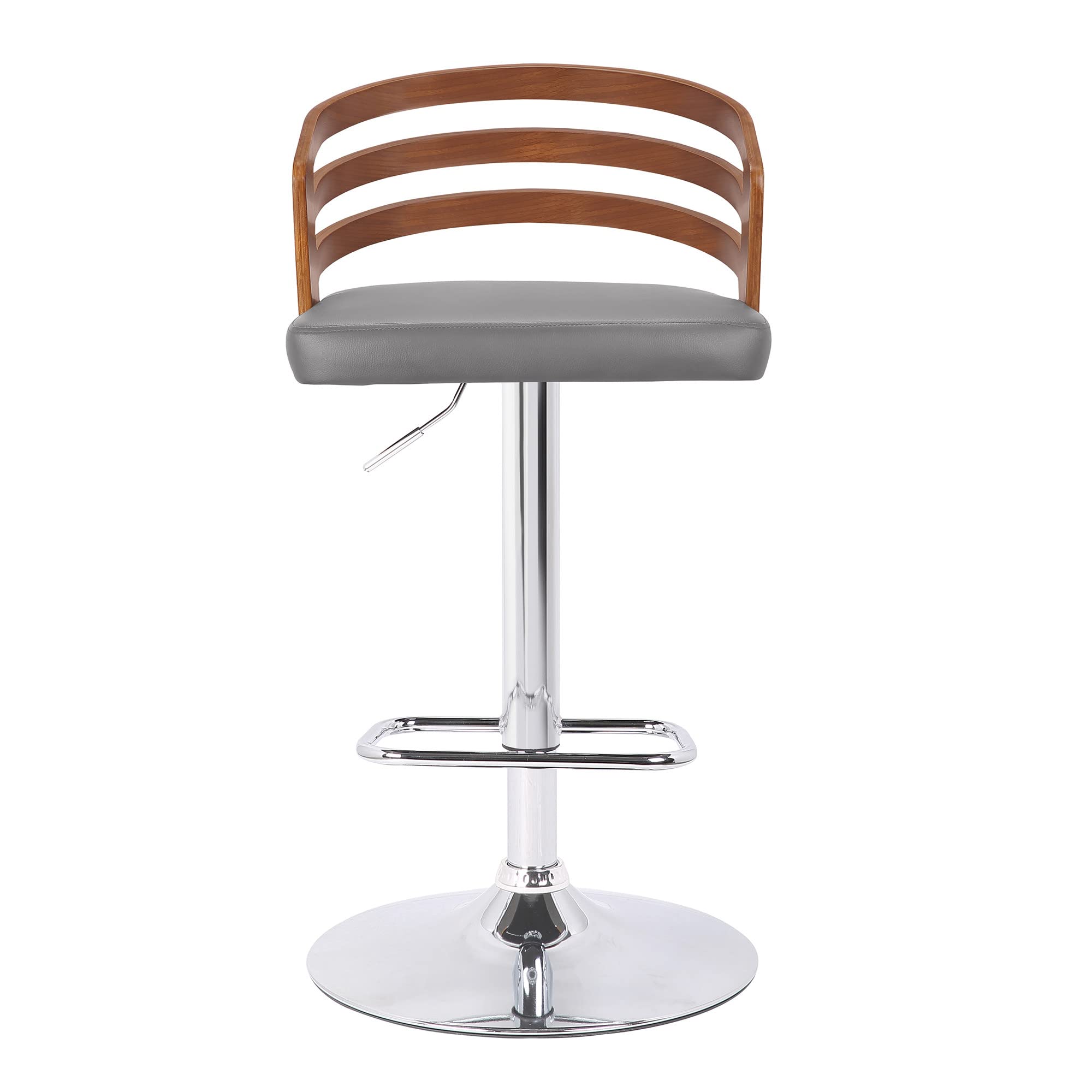 HomeRoots Poplar, Faux Leather, Chrome Metal Gray Faux Leather Walnut Wood and Chrome Adjustable Swivel Bar Stool