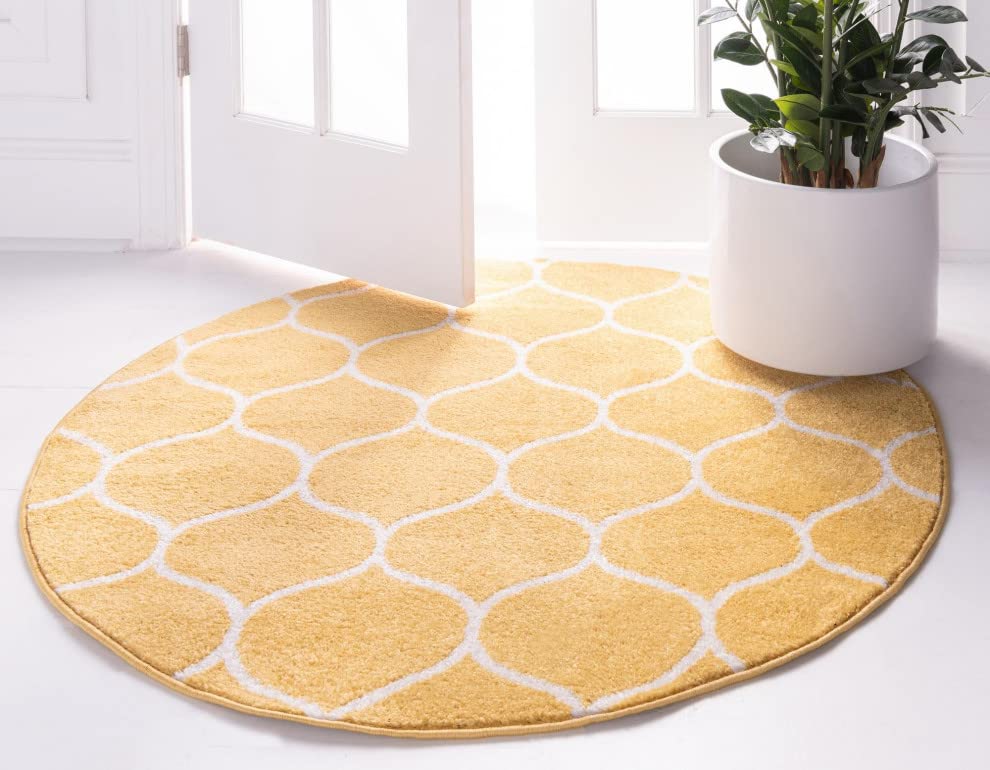 Unique Loom Trellis Frieze Collection Area Rug - Rounded (5' 1'' Round, Yellow/ Ivory)
