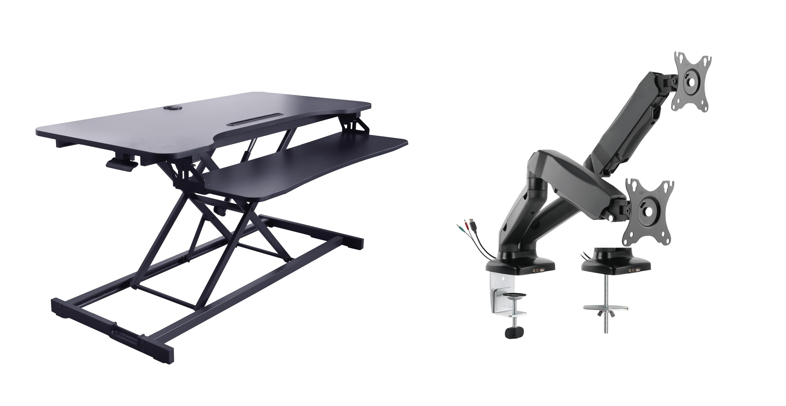 Rocelco 43" Height Adjustable Standing Desk Converter with Premium Dual Monitor Arm Mount - Tall Stand Up Tabletop Riser and Tablet Slot - Computer Workstation - Keyboard Tray - Black (R VADRB-43-MA2)