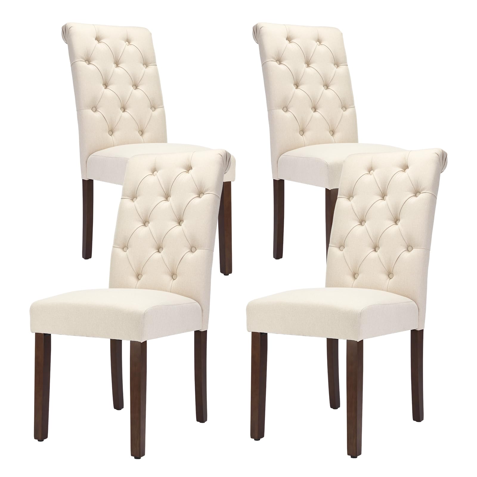 Tufted Dining Chairs Set of 4, Upholstered Parsons Dining Room Chairs, Fabric Kitchen Side Chair with Wood Legs, Beige