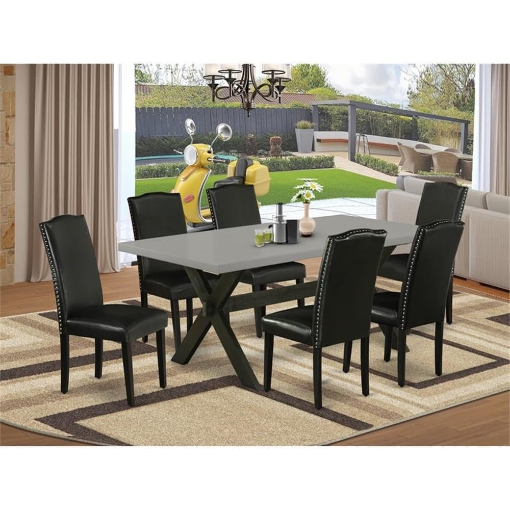 East West Furniture X697En169-7 7 Piece Dining Set Consist Of A Rectangle Dining Room Table With X-Legs And 6 Black Faux Leather Upholstered Parson Chairs, 40X72 Inch, Multi-Color