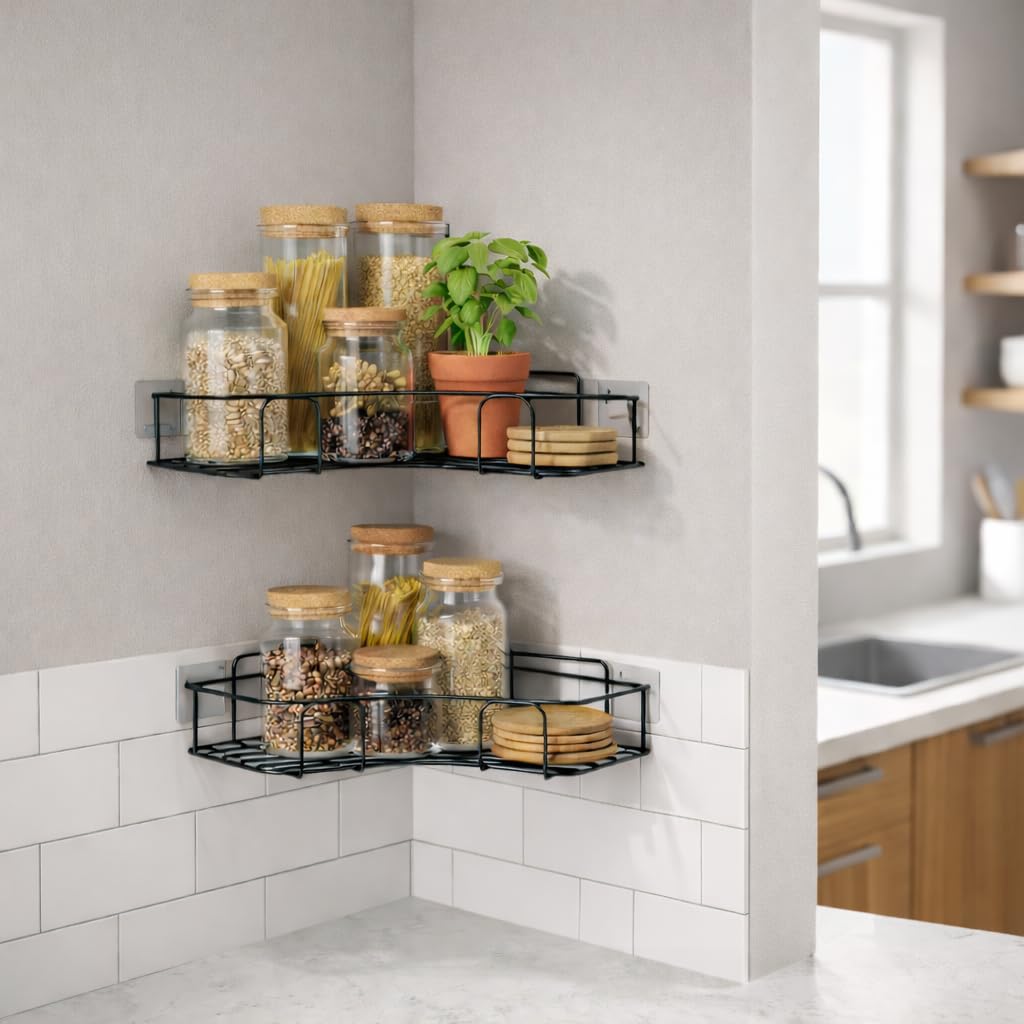 SHIV FURNITURE Metal Pack of 2 SelfAdhesive Shelf/Storage Organizer for Bathroom and Kitchen Corner Wall Mounted Rack Shelf Bat