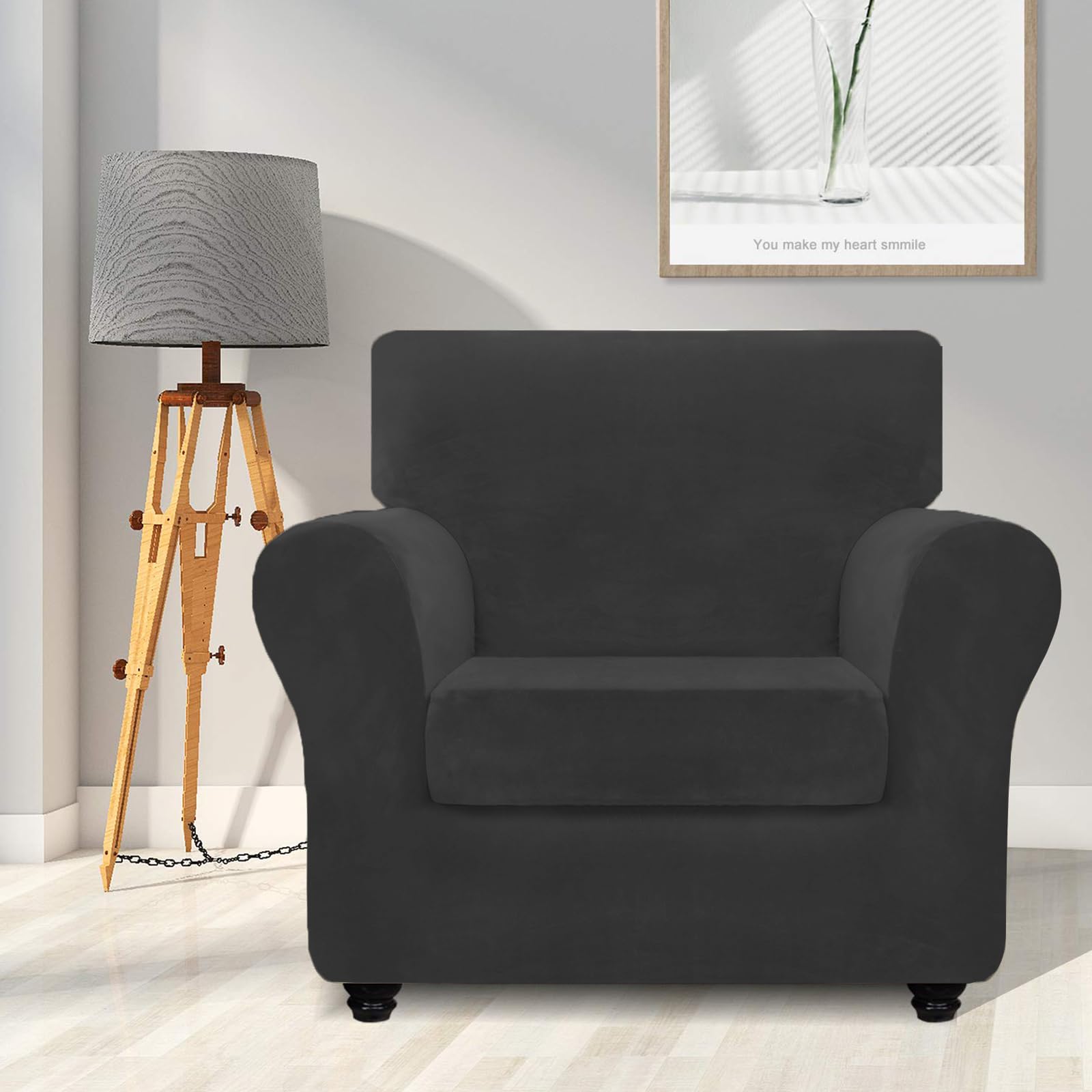 Znsayotx Luxury Velvet Chair Slipcovers With Arm 2 Piece Stretch Chair Covers For Living Room Thick Soft Armchair Slipcover Anti Slip Pet Friendly Furniture Protector (Black),32'-46'(1 Cushion)