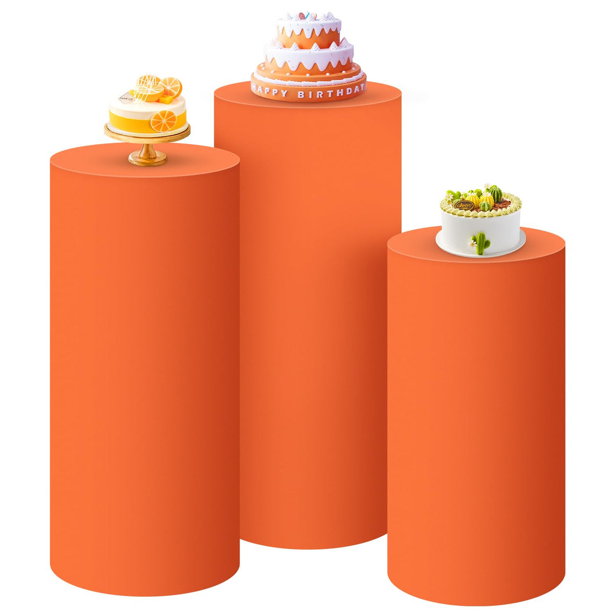 SaitiMade Set of 3 - Orange Cylinder Pedestal Stand Covers, Flexible Cylinder Stand Covers for Party, Wedding or Birthday Event 