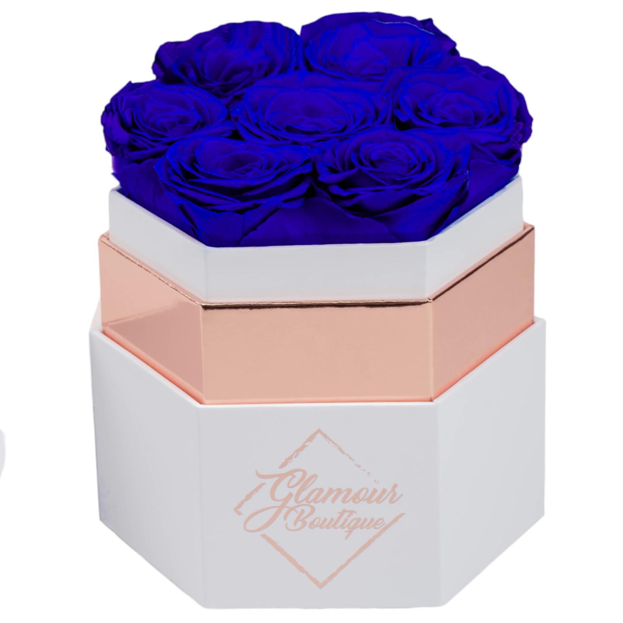 Glamour Boutique 7-Piece Forever Blue Rose Box - Preserved Roses In A Box, Immortal Roses In A Box That Last A Year - Eternal Ro