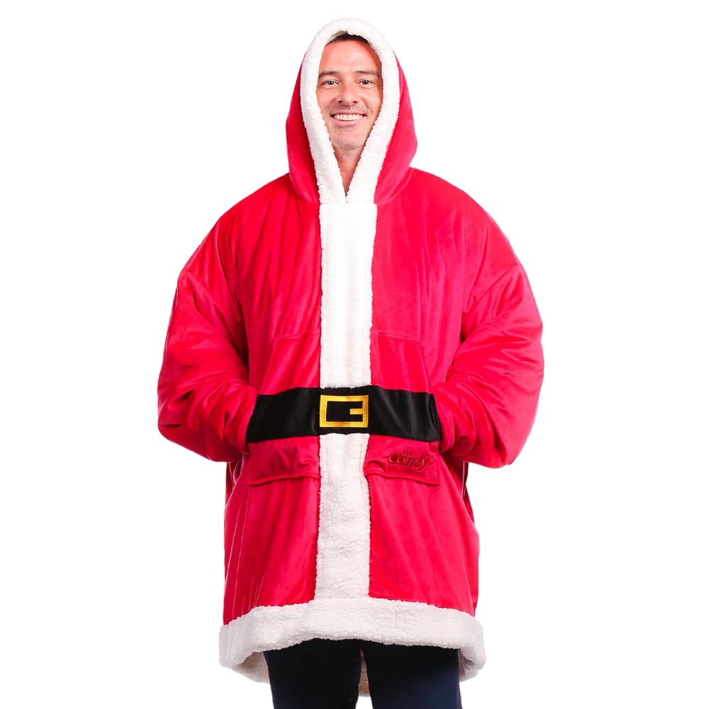 THE COMFY Original Sherpa Lined Microfiber Fleece Wearable Blanket, Oversized Hooded Design in Santa, Perfect Cozy Gift for Women & Men