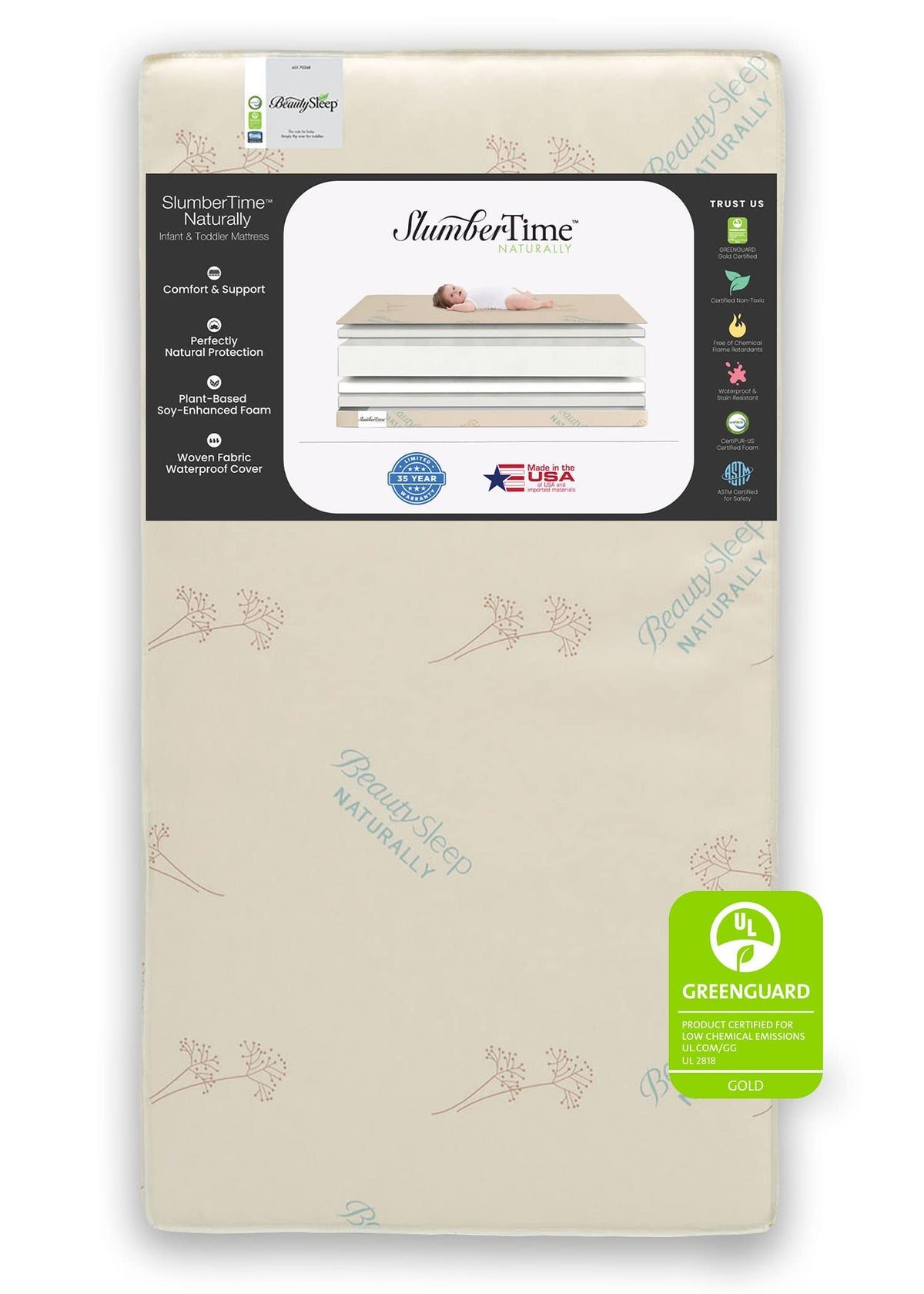 Simmons Kids Slumbertime Naturally 2-Stage Premium Plant-Based Soy Foam Baby Crib Mattress & Toddler Mattress - Waterproof - Gre