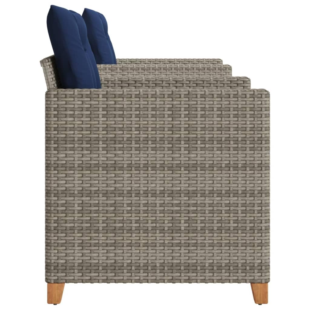vidaXL Outdoor Bistro Set - Gray Poly Rattan/Acacia Wood - Garden, Patio, Balcony Furniture with Navy Cushions - 3 Piece Set - Comfortable and Weather-Resistant