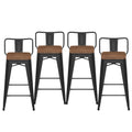 Haobo Home 24' Low Back Metal Counter Stool Height Bar Stools With Wooden Seat [Set Of 4] Barstools, Matte Black