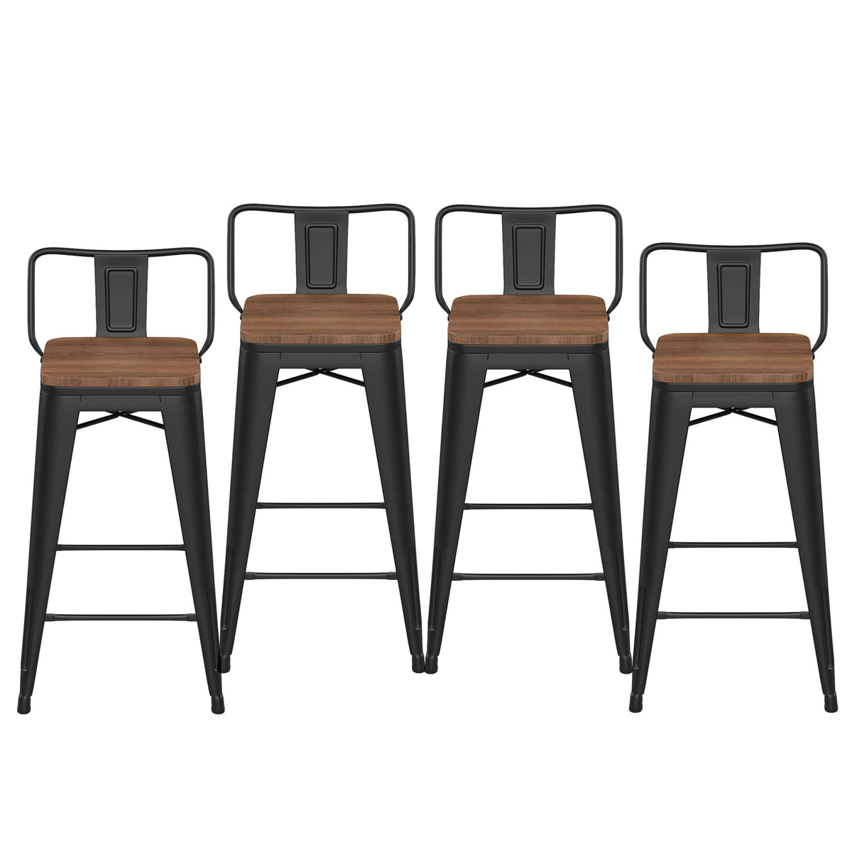 Haobo Home 24' Low Back Metal Counter Stool Height Bar Stools With Wooden Seat [Set Of 4] Barstools, Matte Black