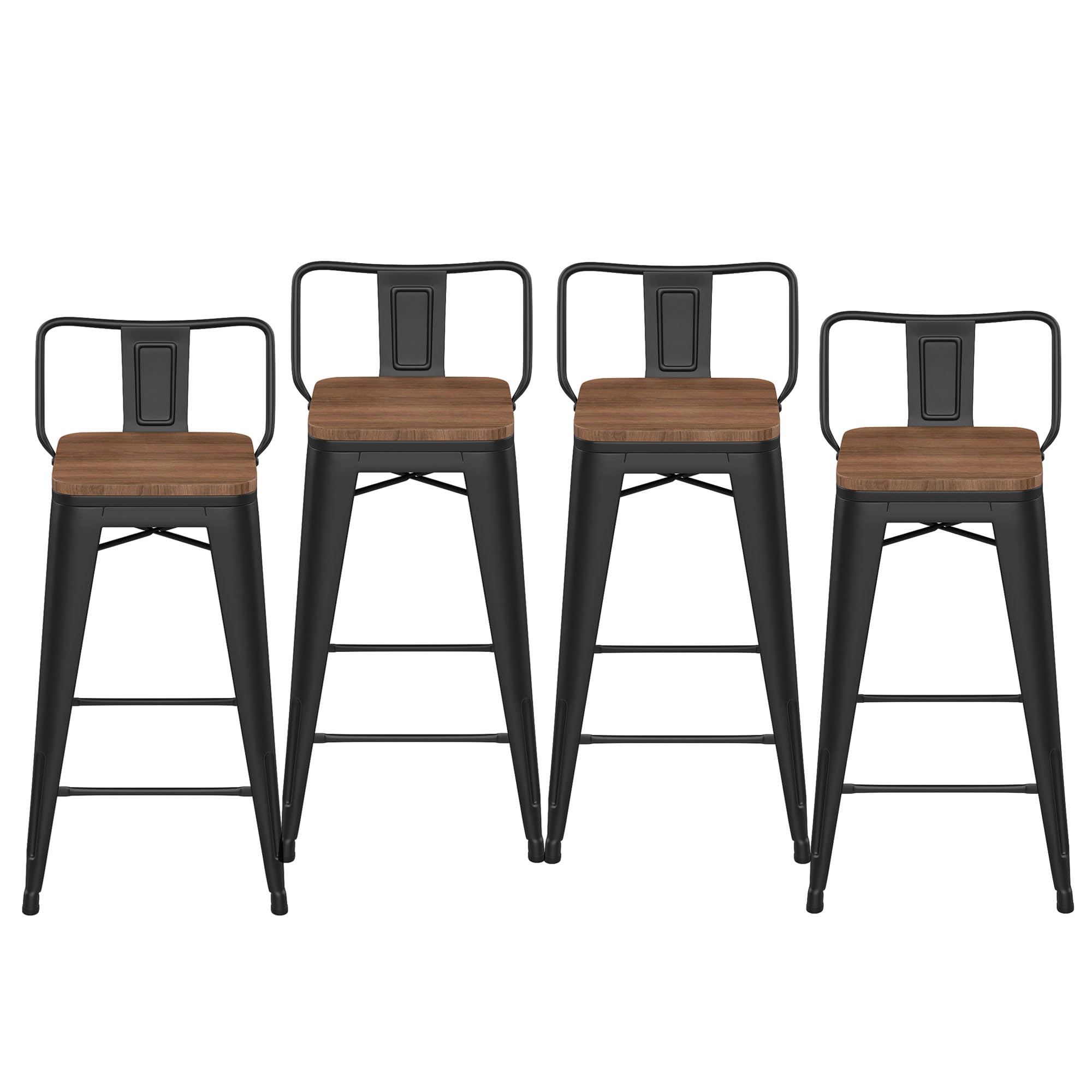 Haobo Home 24' Low Back Metal Counter Stool Height Bar Stools With Wooden Seat [Set Of 4] Barstools, Matte Black
