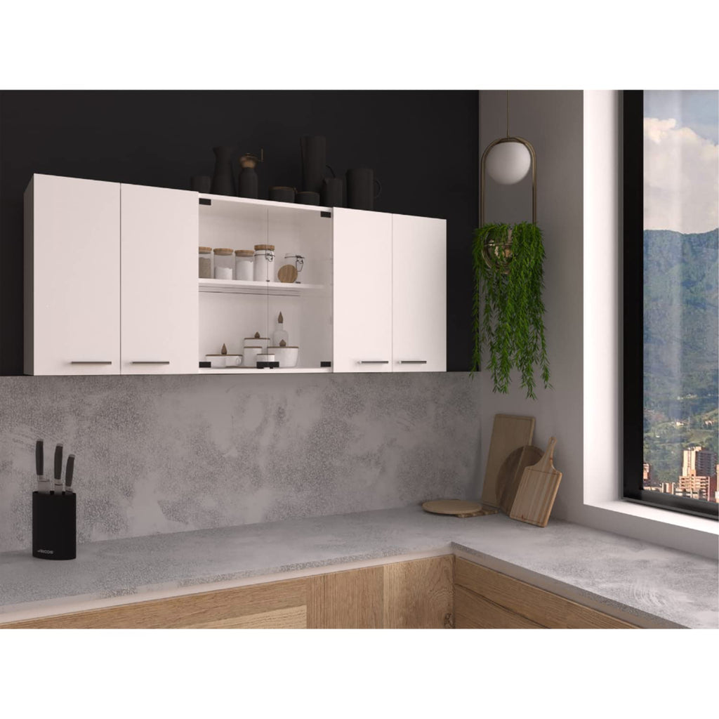 Oceana 150 Wall Double Door Cabinet with Glass, Four Interior Shelves, White