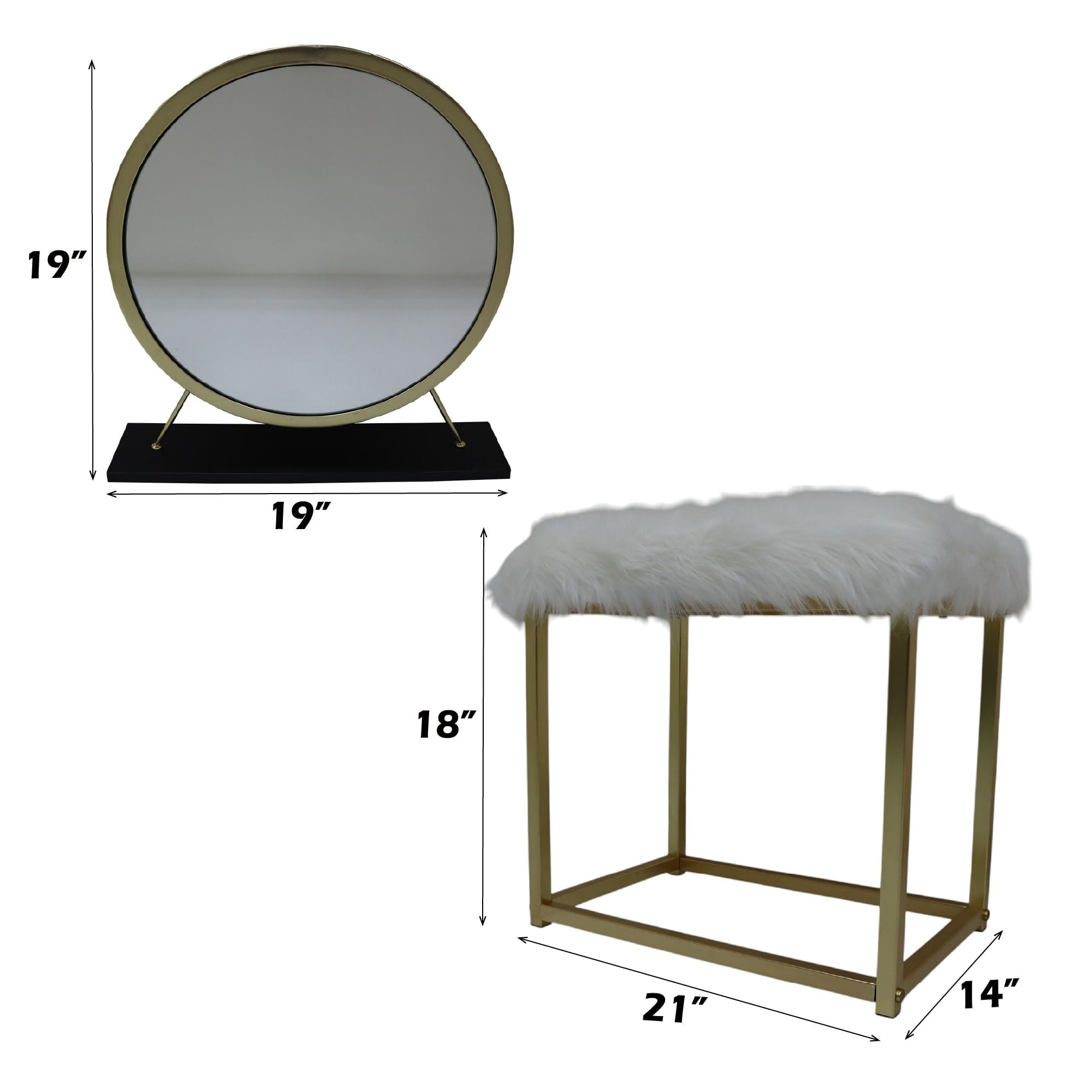 Acme Adao Metal Vanity Mirror and Stool in Black and Brass
