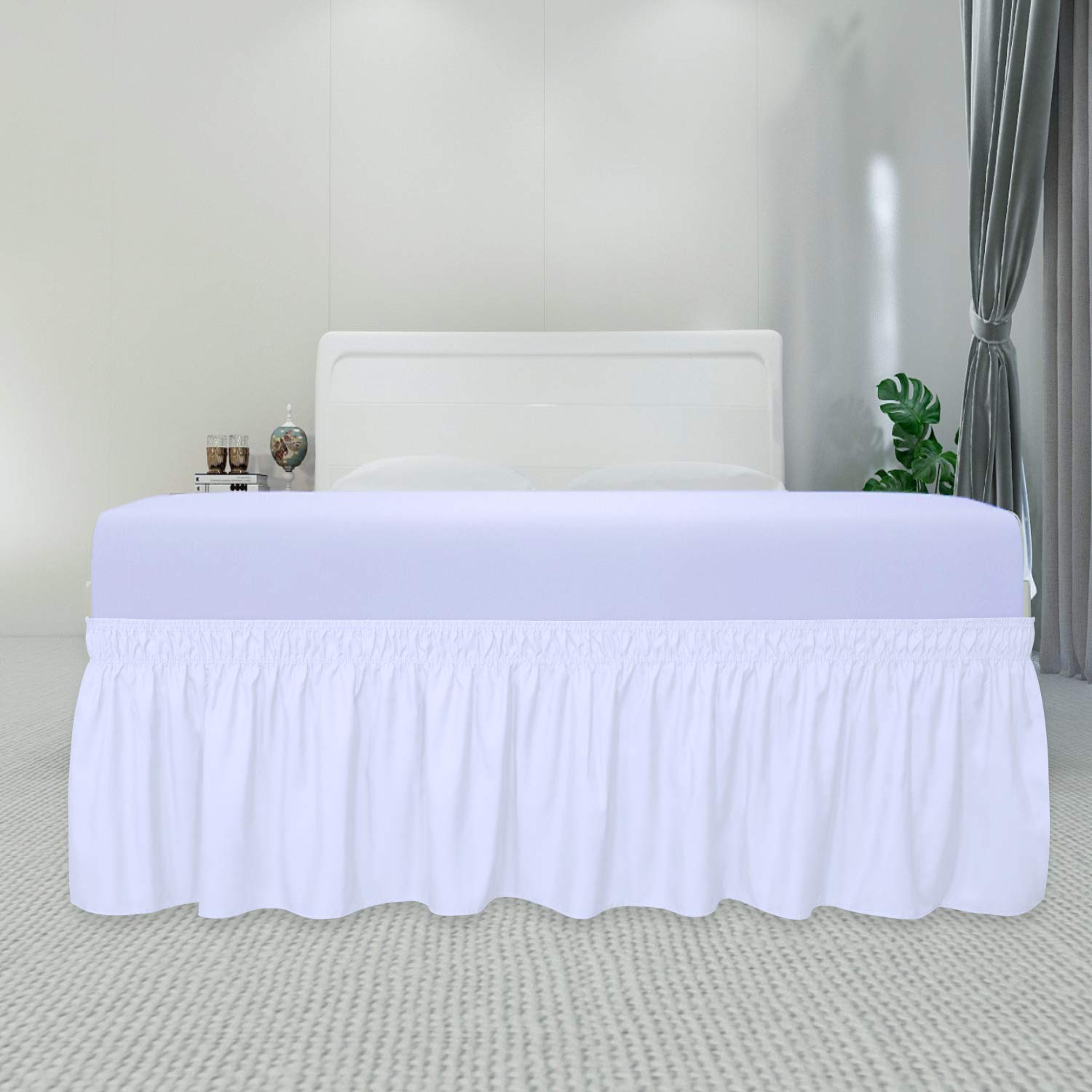 Purefit Wrap Around Ruffled Bed Skirt With Adjustable Elastic Belt - 22 Inch Drop Easy To Put On, Wrinkle Free Bedskirt Dust Ruffles, Bed Frame Cover For Queen, King And C-King Size Beds, White