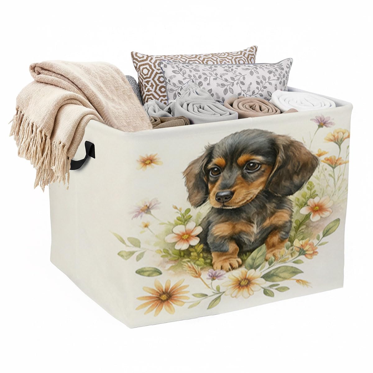 56L Dachshund Floral Foldable Square Laundry Hamper with Handles  Large Clothes, Blanket & Toy Storage Basket for Home Organiza