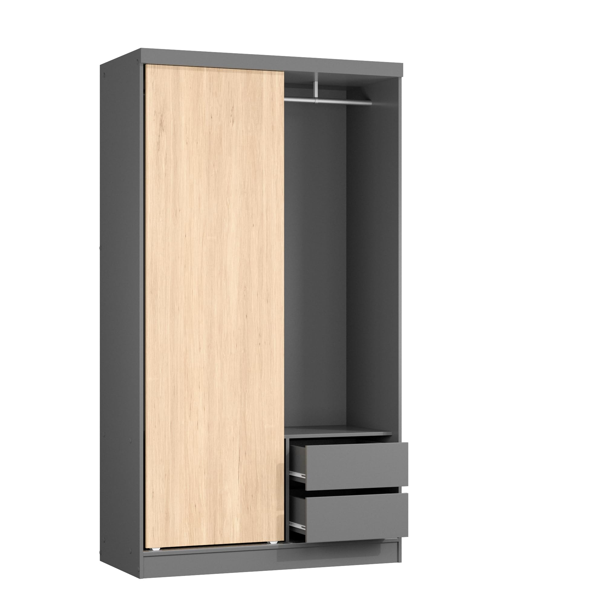 Woodpeckers Furniture And Mattress Modern Wood Double Sliding Door Wardrobe (Natural Oak + Dark Gray)