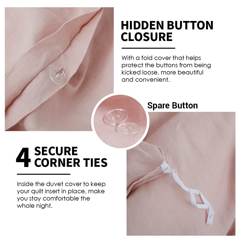 Simple&Opulence 100% Linen Duvet Cover Set 3Pcs Basic Style Natural French Washed Flax Solid Color Soft Breathable Farmhouse Bedding With Button Closure - Blush Pink, Full