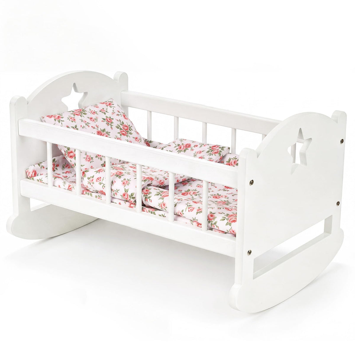 BABESIDE 4 Pcs Baby Doll Crib Set for 1216 Inch Babydolls, White Wooden Doll Bed with Pillow & Blanket, Wooden Dolls Cradle and