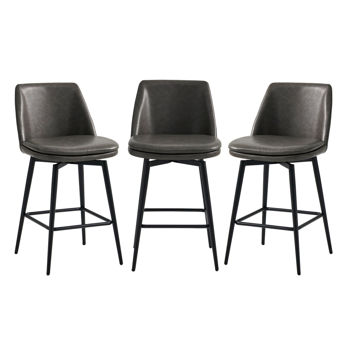 Chita Counter Height Swivel Barstools, Fsc Certified Upholstered Faux Leather Bar Stools Set Of 3, Metal Base, 27.2' Seat Height, Grey