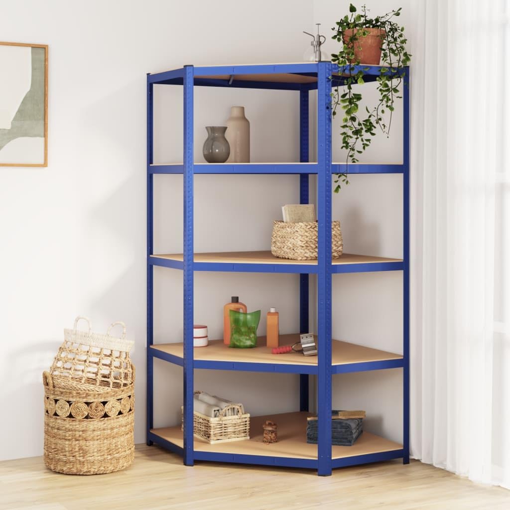 vidaXL Corner Shelf - 5-Layer Industrial-Style Storage Unit - Blue Galvanized Steel & Engineered Wood - High Load Capacity
