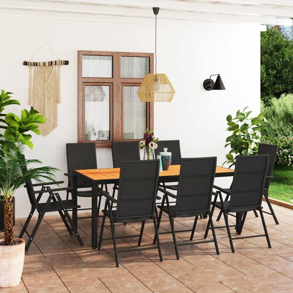 vidaXL 9-Piece Patio Dining Set - Black/Brown, PE Rattan, WPC and Aluminum, Weather-Resistant Outdoor Garden and Terrace Furniture