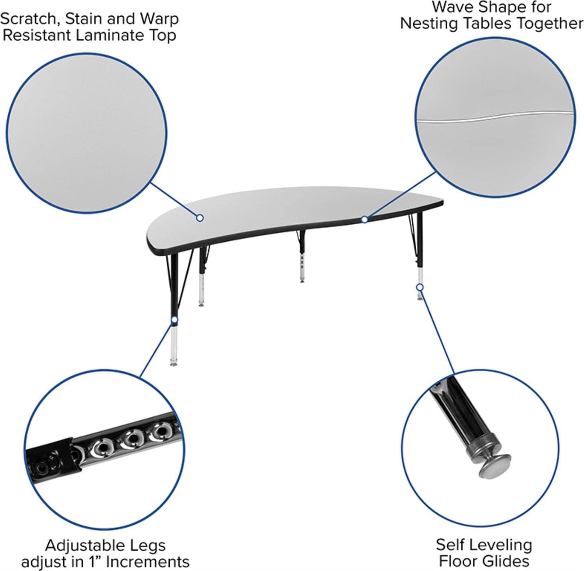 Flash Furniture Emmy 60&quot; Circle Wave Flexible Laminate Activity Table Set with 12&quot; Student Stack Chairs, Grey/Black