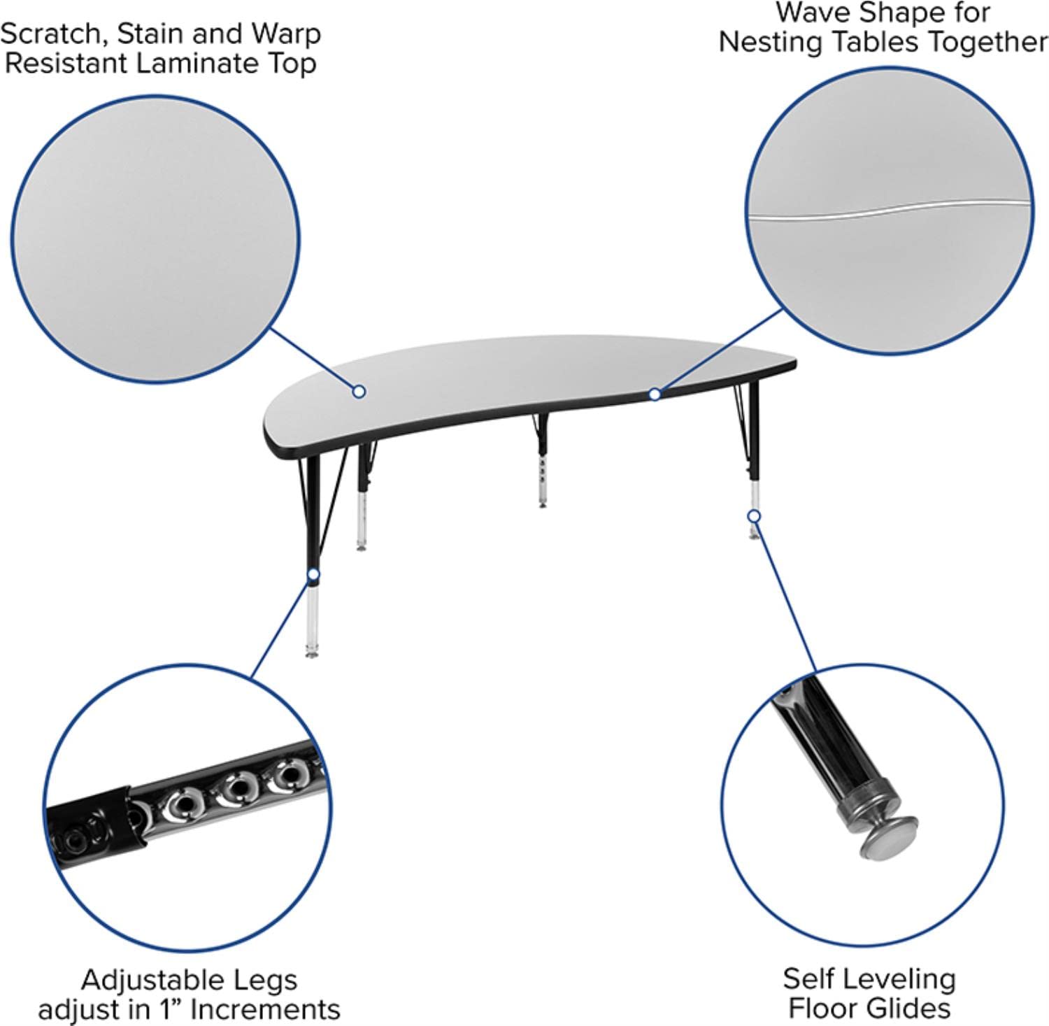 Flash Furniture Emmy 60" Circle Wave Flexible Laminate Activity Table Set with 12" Student Stack Chairs, Grey/Black
