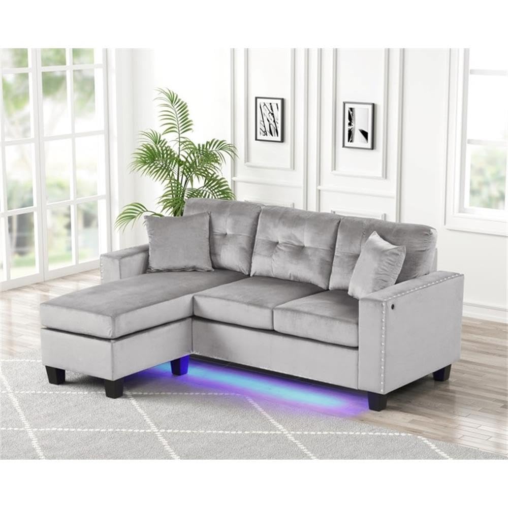 Sorenza 74' W Gray Velvet Reversible Sectional Sofa Chaise with LED Light, USB Port, Nailhead Trim, Throw Pillows, Tufted Cushion