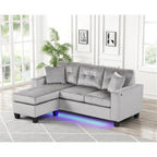 Sorenza 74' W Gray Velvet Reversible Sectional Sofa Chaise with LED Light, USB Port, Nailhead Trim, Throw Pillows, Tufted Cushion