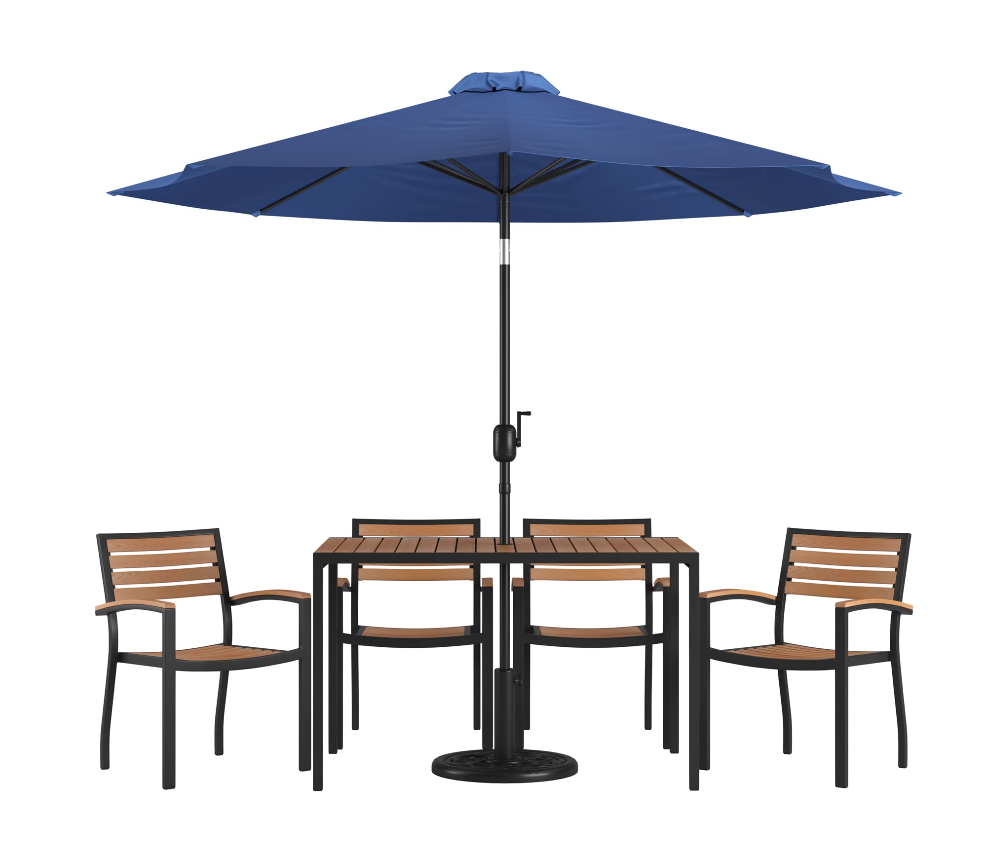 Flash Furniture Lark 7 Piece Outdoor Patio Dining Table Set - 4 Synthetic Teak Stackable Chairs with Arms - 30&quot; x 48&quot; Table - Navy Umbrella with Base