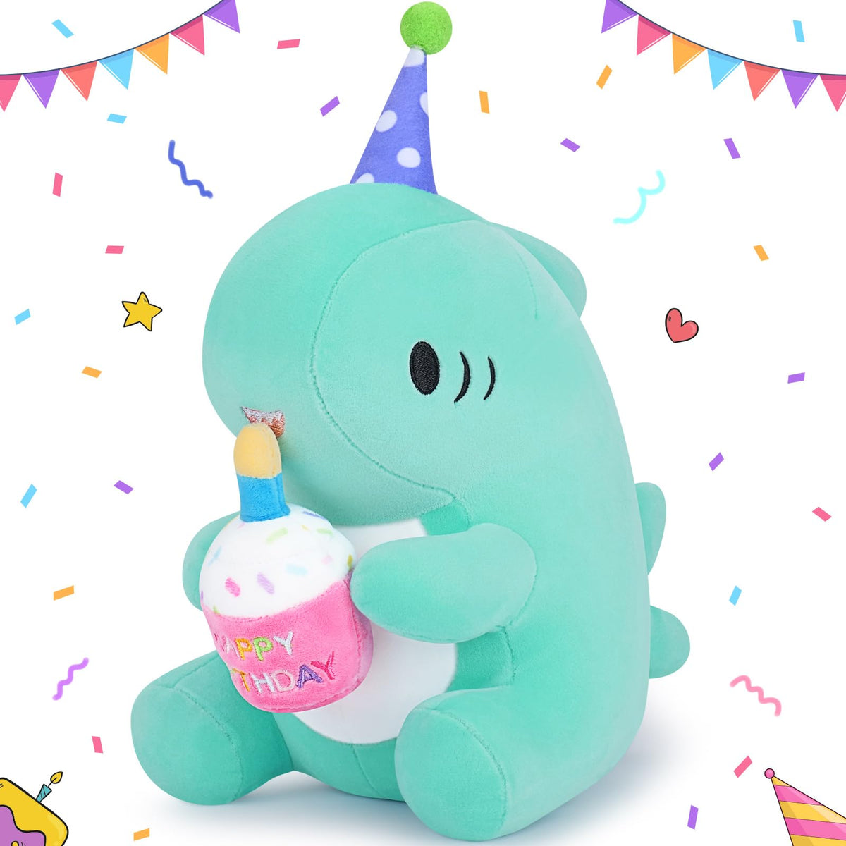 Auspicious Beginning Birthday Gift Shark Plush Stuffed Animal, 11.8' Kawaii Soft Birthday Shark Plush Toys With Holding Cute Bi