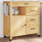 vidaXL Solid Pine Wood Kitchen Trolley – Rolling Storage Cart with Drawers, Shelves, and Wheels for Living Room, Bathroom - Honey Wax Brown, 33.1”L